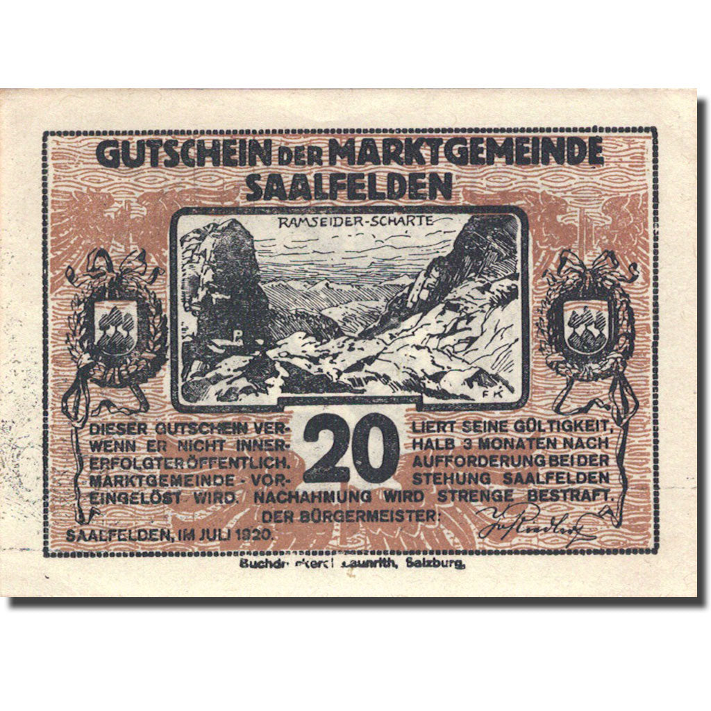 Banknote, Austria, Saalfelden, 20 Heller, personnage 1, 1920 brown AU(55-58)
