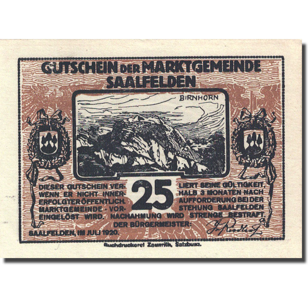 Banknote, Austria, Saalfelden, 25 Heller, personnage 2, 1920 brown UNC(63)