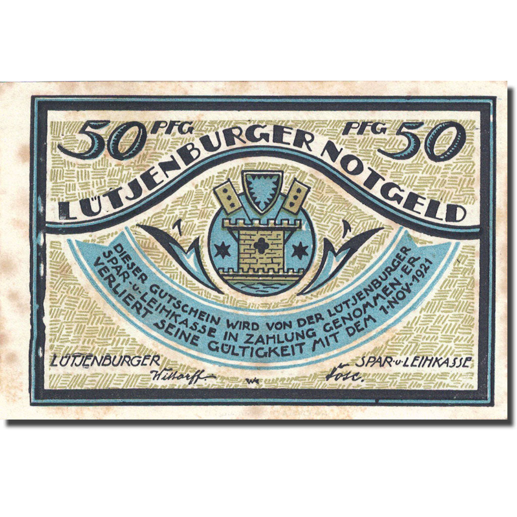Billete, Alemania, Lütjenburg, 50 Pfennig, personnage, 1921 EBC Mehl 842.1