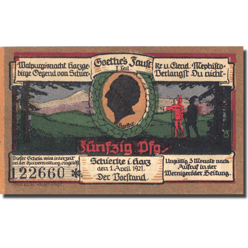 Banknote, Germany, Schierke im Harz 50 Pfennig, Eglise 1921 UNC(63) Mehl 1178.1a