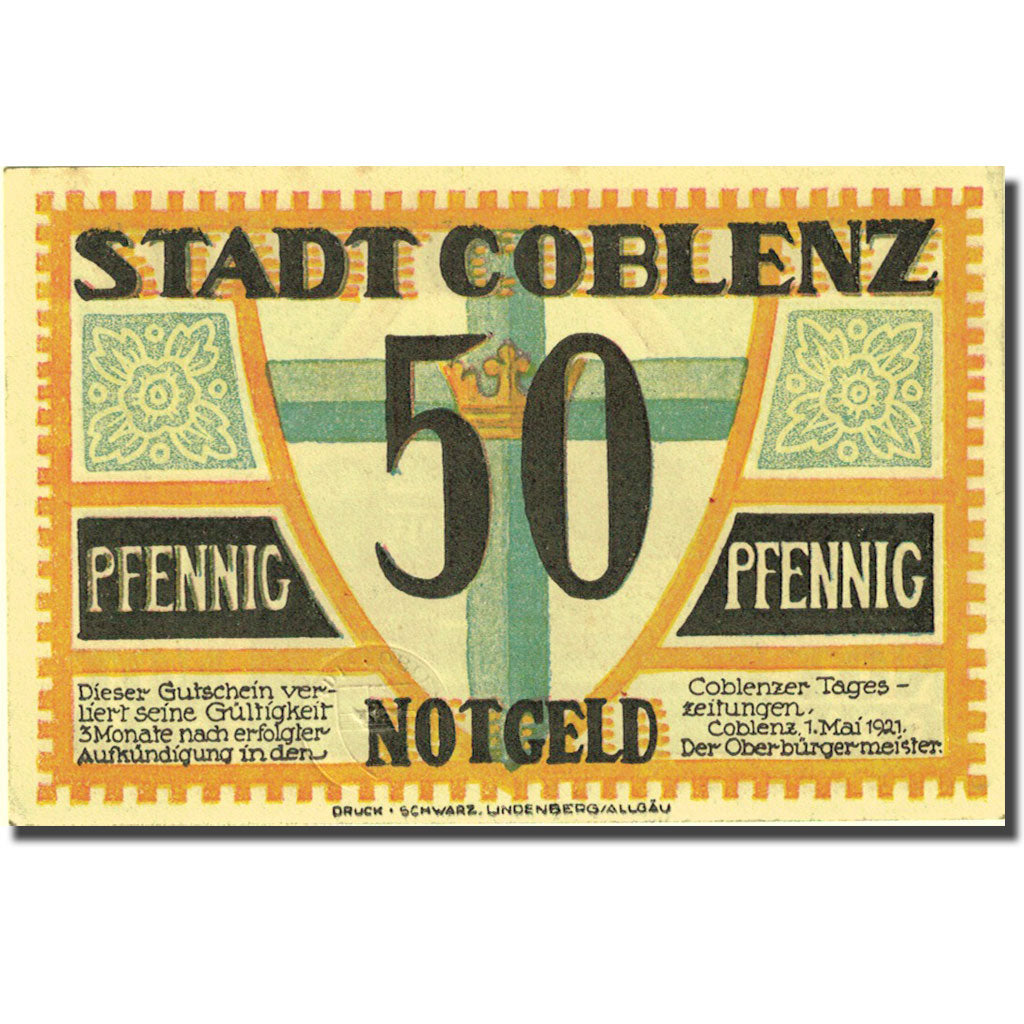 Banknote, Germany, Coblenz, 50 Pfennig, Eglise 1, 1921, UNC(63) Mehl 233.1