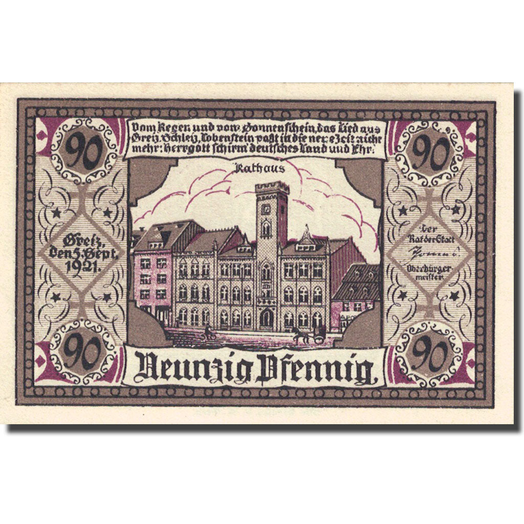 Banknote, Germany, Greiz, 90 Pfennig, château 3, 1921-09-05 UNC(63) Mehl 471.2