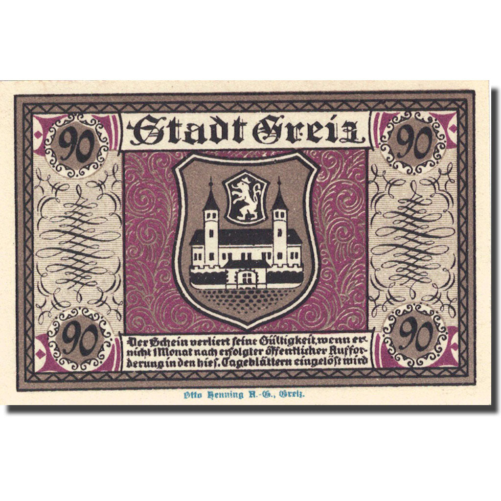 Banknote, Germany, Greiz, 90 Pfennig, château 3, 1921-09-05 UNC(63) Mehl 471.2
