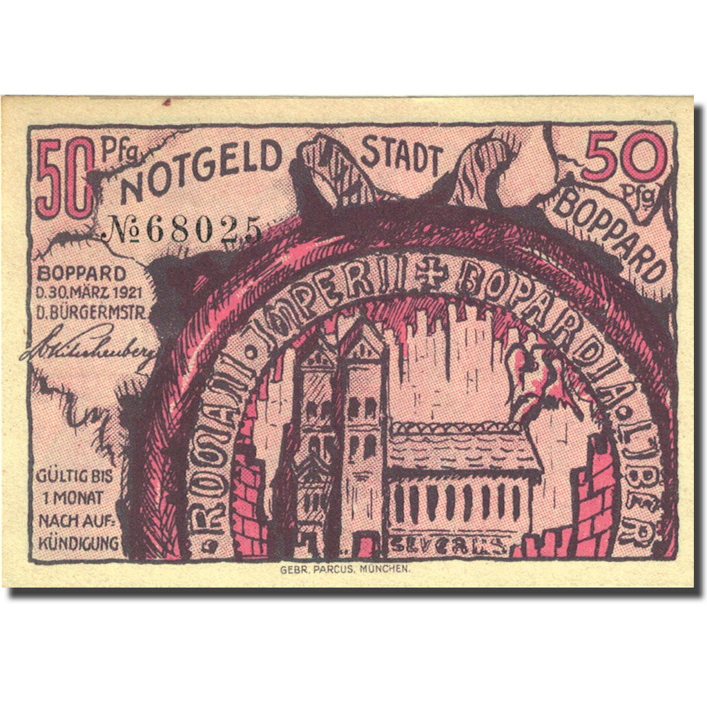 Nota, Alemanha, Boppard, 50 Pfennig, personnage 1, 1921 UNC(63) Mehl 142.2