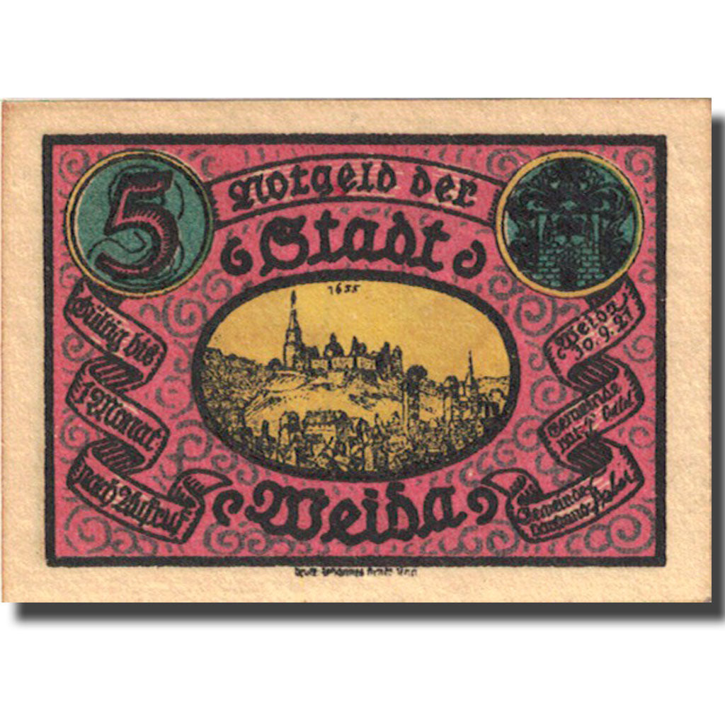 Banknote, Germany, Weida, 5 Pfennig, château 1921-09-30 UNC(63) Mehl 1391.3