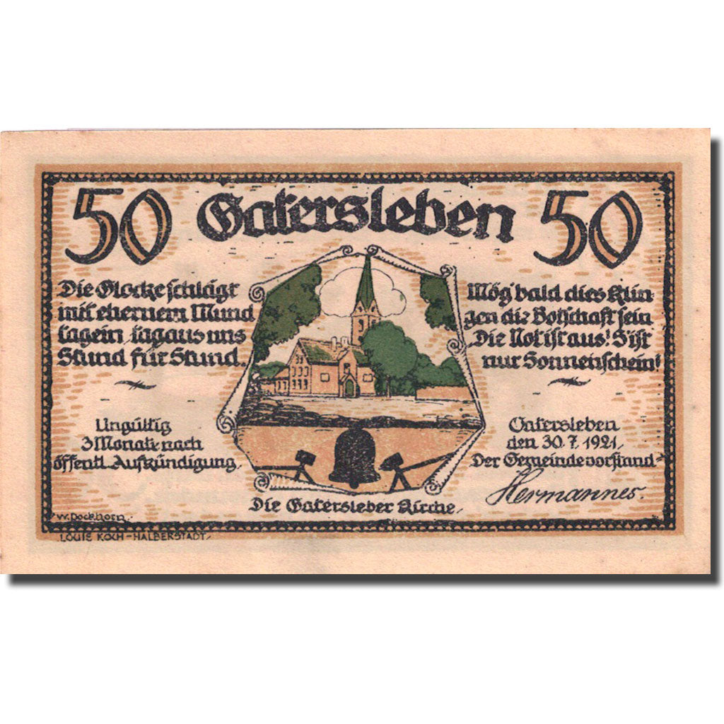 Banconote, Germania, Gatersleben, 50 Pfennig, personnage 1, 1921 SPL Mehl 409.1