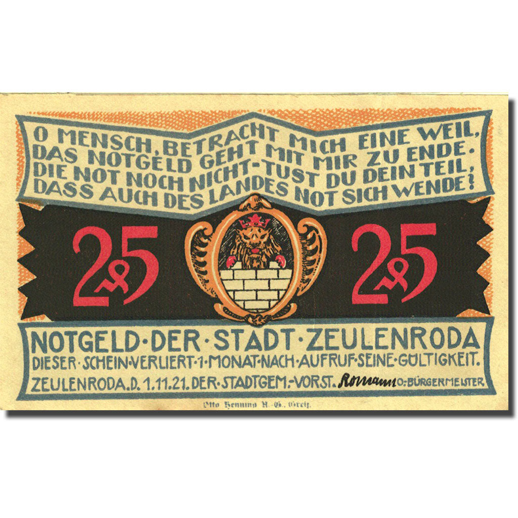 Banconote, Germania, Zeulenroda, 25 Pfennig, pont, 1921 SPL- Mehl 1470.1
