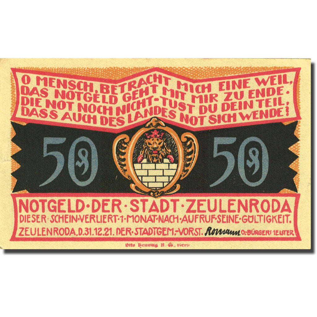 Banconote, Germania, Zeulenroda, 50 Pfennig, Maison, 1921 SPL- Mehl 1470.2