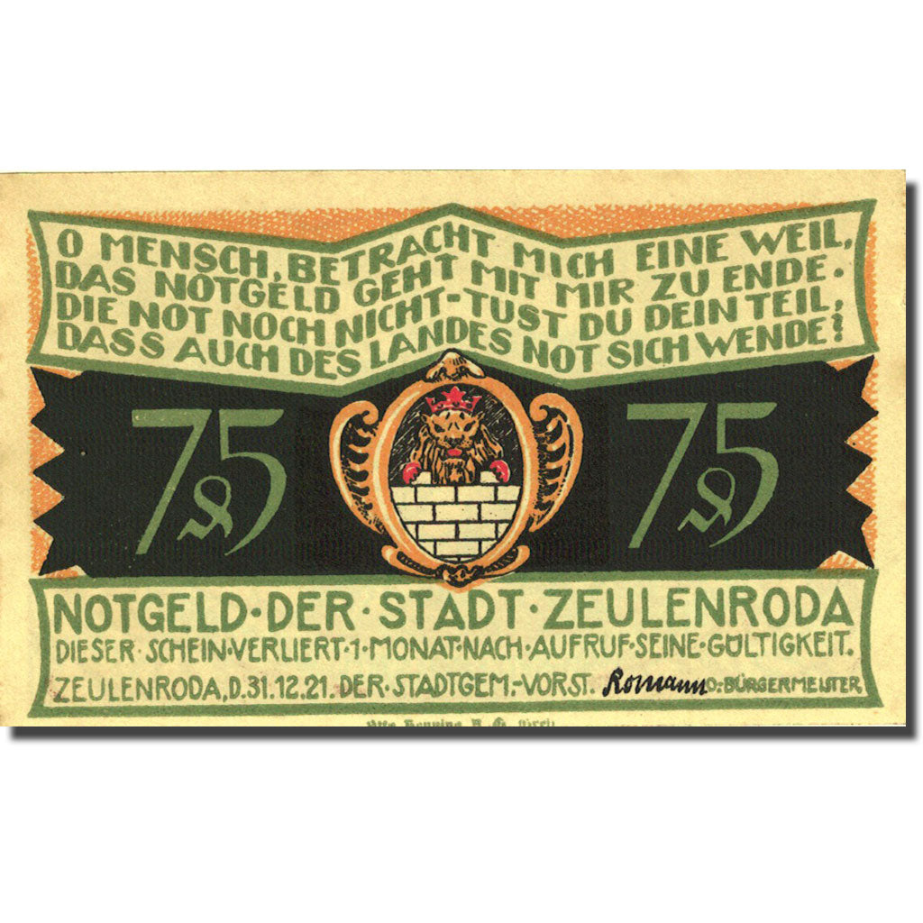Banconote, Germania, Zeulenroda, 75 Pfennig, personnage, 1921 SPL Mehl 1470.2