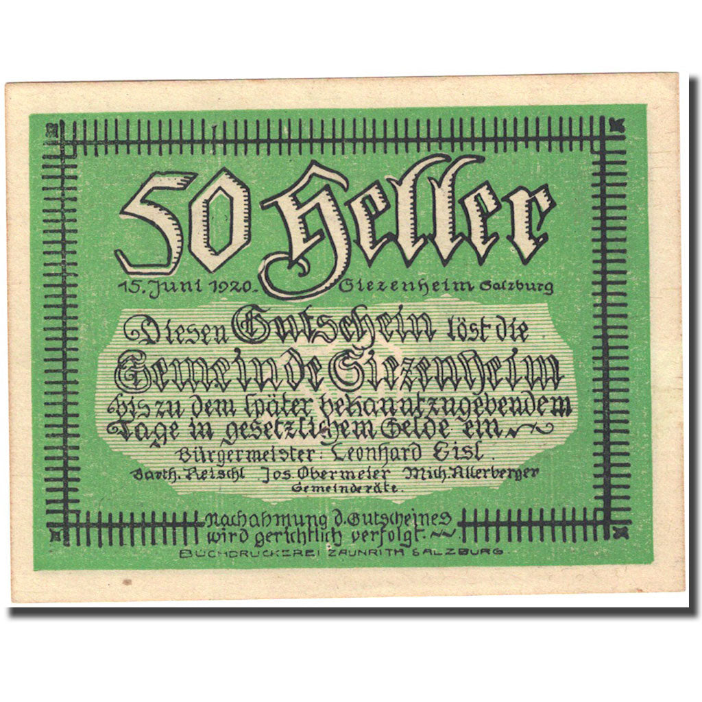 Banknote, Austria, Salzburg, 50 Heller, arbre, 1920, 1920-06-15 green UNC(63)