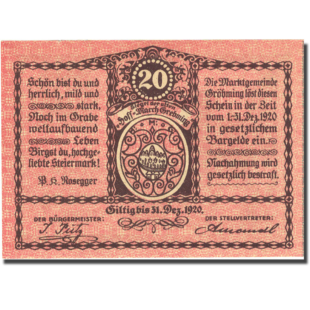 Geldschein, Österreich, Gröbming, 20 Heller, chalet, 1920, 1920-12-30, UNZ-