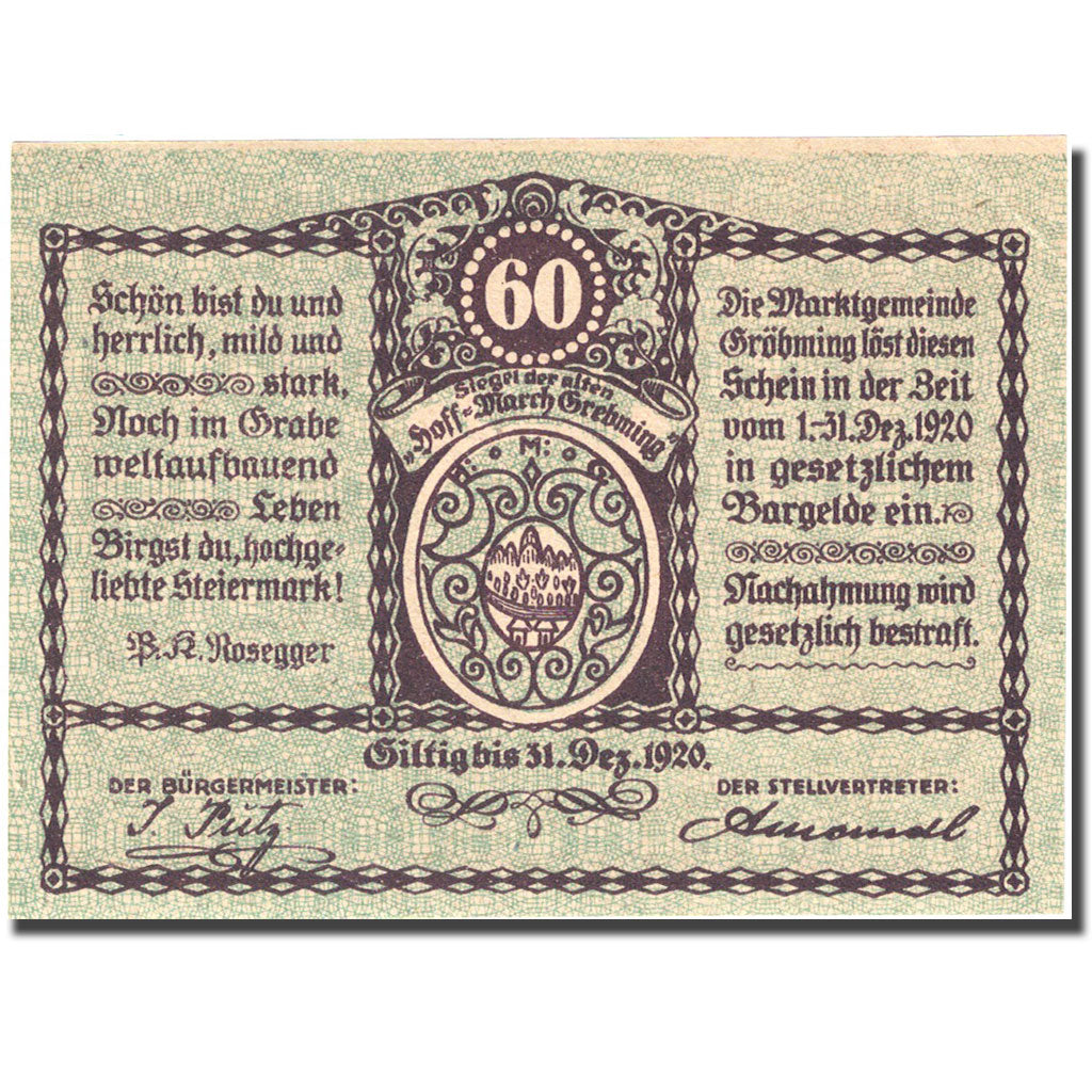 Banknote, Austria, Gröbming, 60 Heller, montagne, 1920, 1920-12-31, UNC(63)