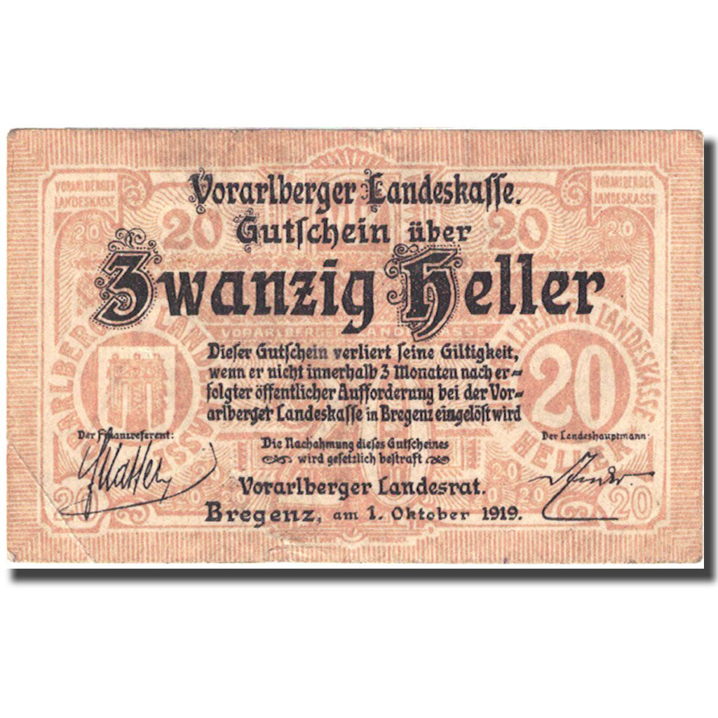 Banknote, Austria, Landesrat, 20 Heller, Blason, 1919, 1919-10-01, AU(50-53)