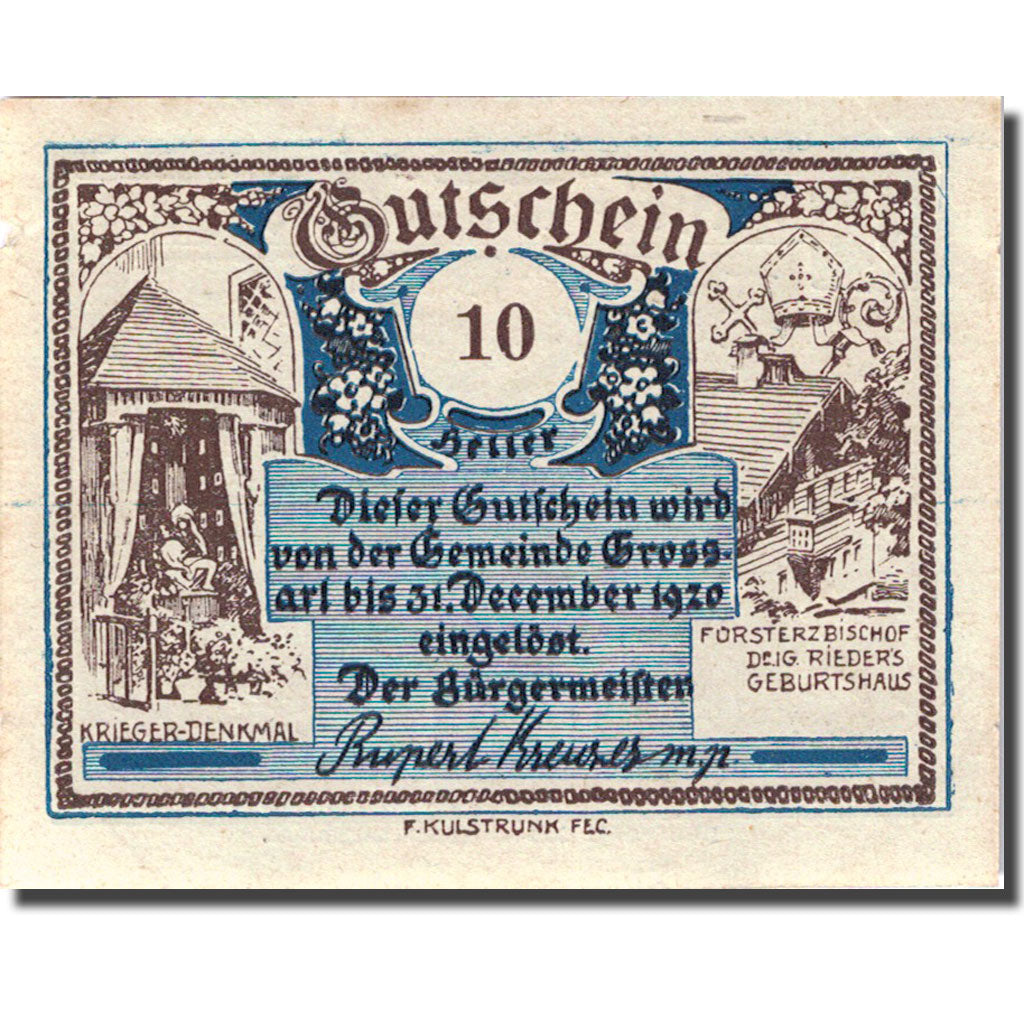 Banknote, Austria, Grossarl, 10 Heller montagne 1, 1920, 1920-12-31 blue UNC(63)