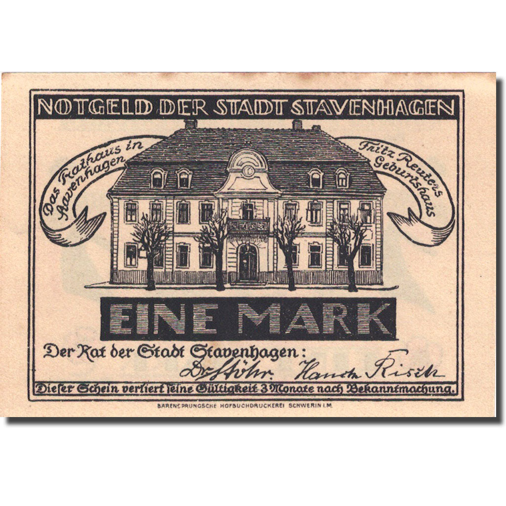 Billet, Allemagne, Stavenhagen, 1 Mark, personnage 2, 1921, SUP, Mehl:1257.1b