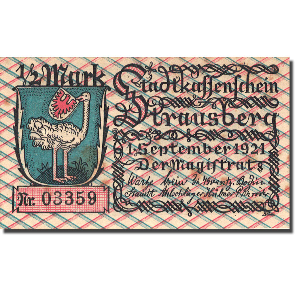 Geldschein, Deutschland, Strausberg, 1/2 Mark rue 1921-09-01, UNZ-Mehl 1281.1