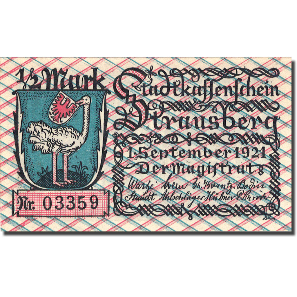 Geldschein, Deutschland, Strausberg 1/2 Mark personnage 1, 1921 UNZ- Mehl 1281.1