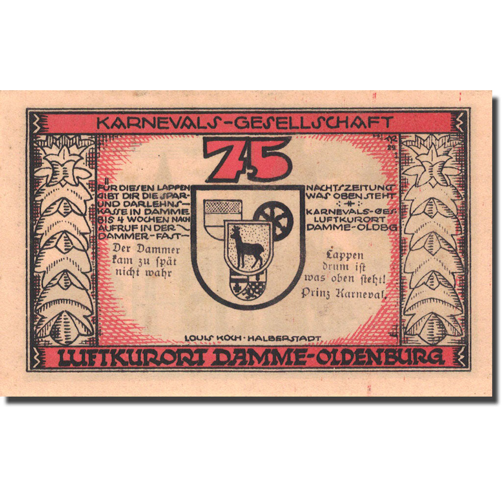 Banknote, Germany, Damme, 75 Pfennig, Eglise, 1922, UNC(63), Mehl:255.1a