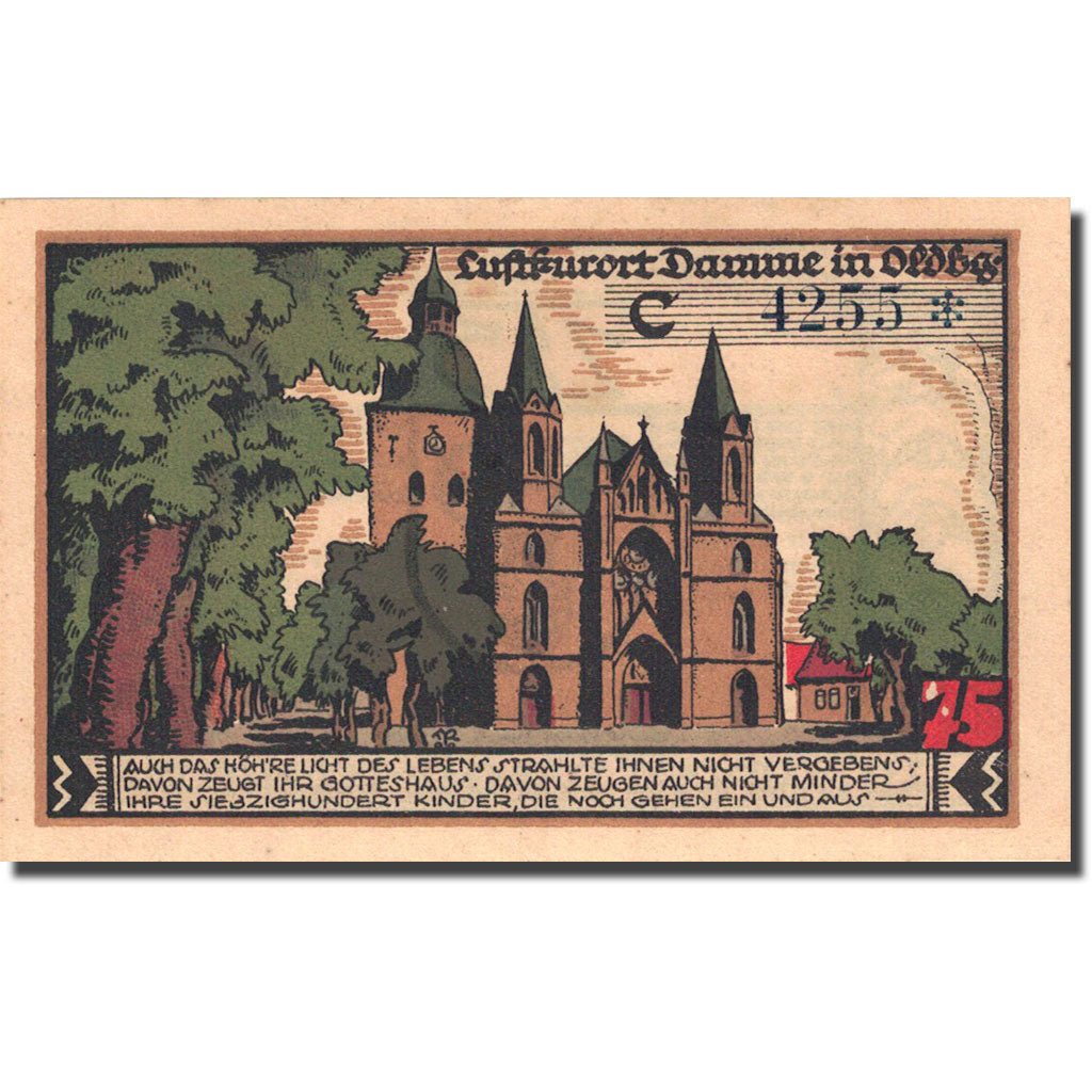 Banknote, Germany, Damme, 75 Pfennig, Eglise, 1922, UNC(63), Mehl:255.1a
