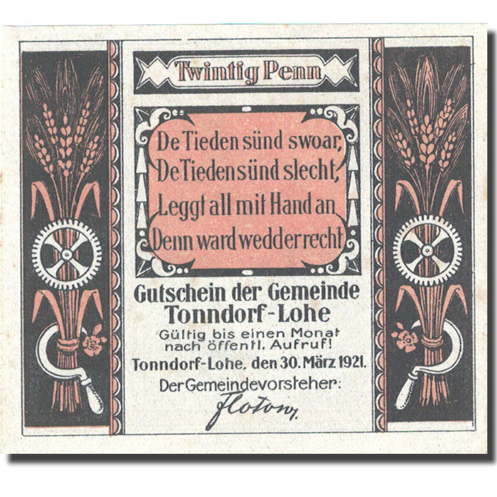 Banknote, Germany, Tonndorf 20 Pfennig, agriculteur, 1921 UNC(63) Mehl 1330.1a