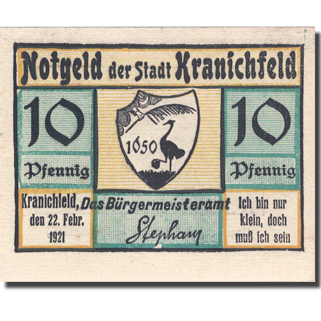 Banknote, Germany, Kranichfeld, 10 Pfennig, château, 1921 UNC(63) Mehl 741.1d