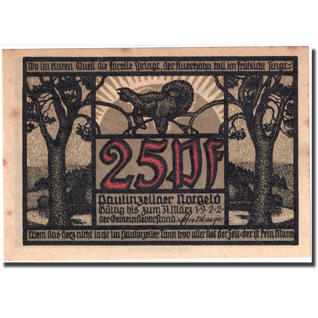 Banknote, Germany, Paulinzella, 25 Pfennig, village, 1922 UNC(63) Mehl 1053.1c