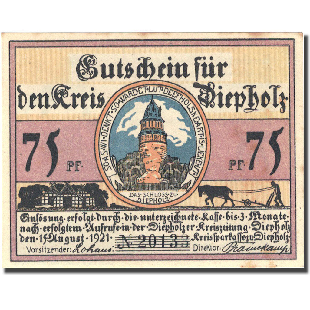 Banconote, Germania, Diepholz, 75 Pfennig, personnage, 1921, SPL, Mehl:273.4a