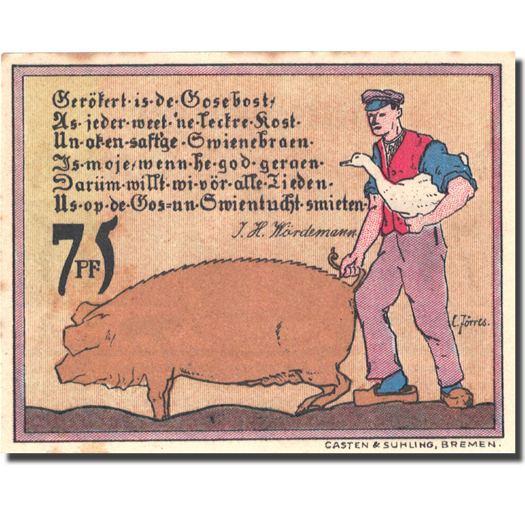 Banconote, Germania, Diepholz, 75 Pfennig, personnage, 1921, SPL, Mehl:273.4a