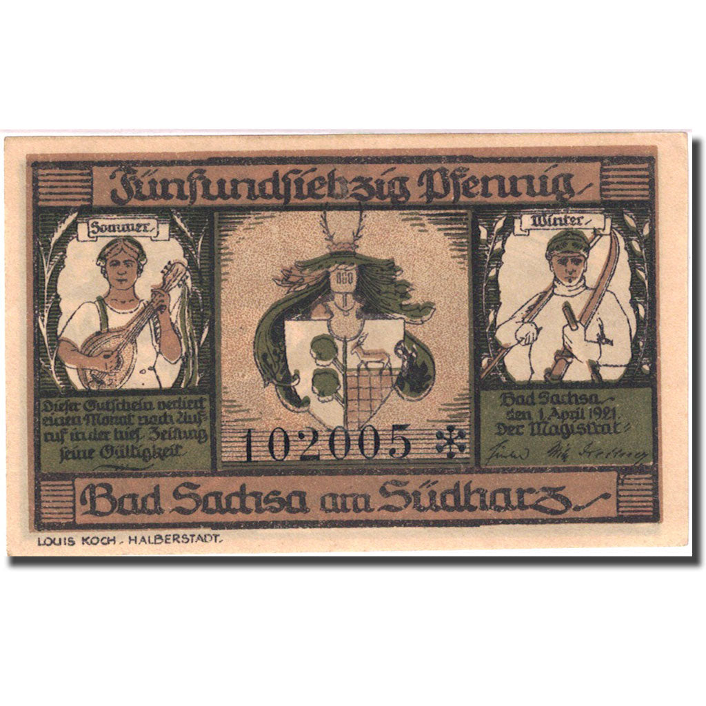 Banknote, Germany, Sachsa, 75 Pfennig, personnage 1921-04-01 UNC(63) Mehl 1157.2