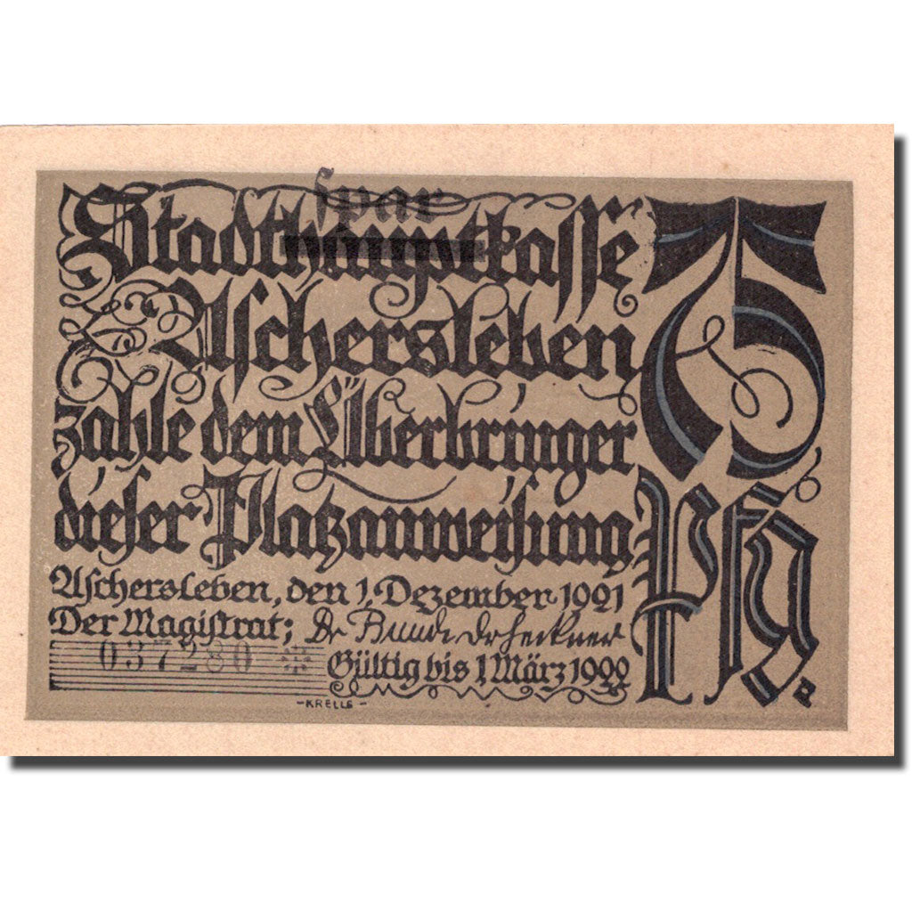Geldschein, Deutschland, Aschersleben 75 Pfennig personnage 1921 UNZ- Mehl 50.5a