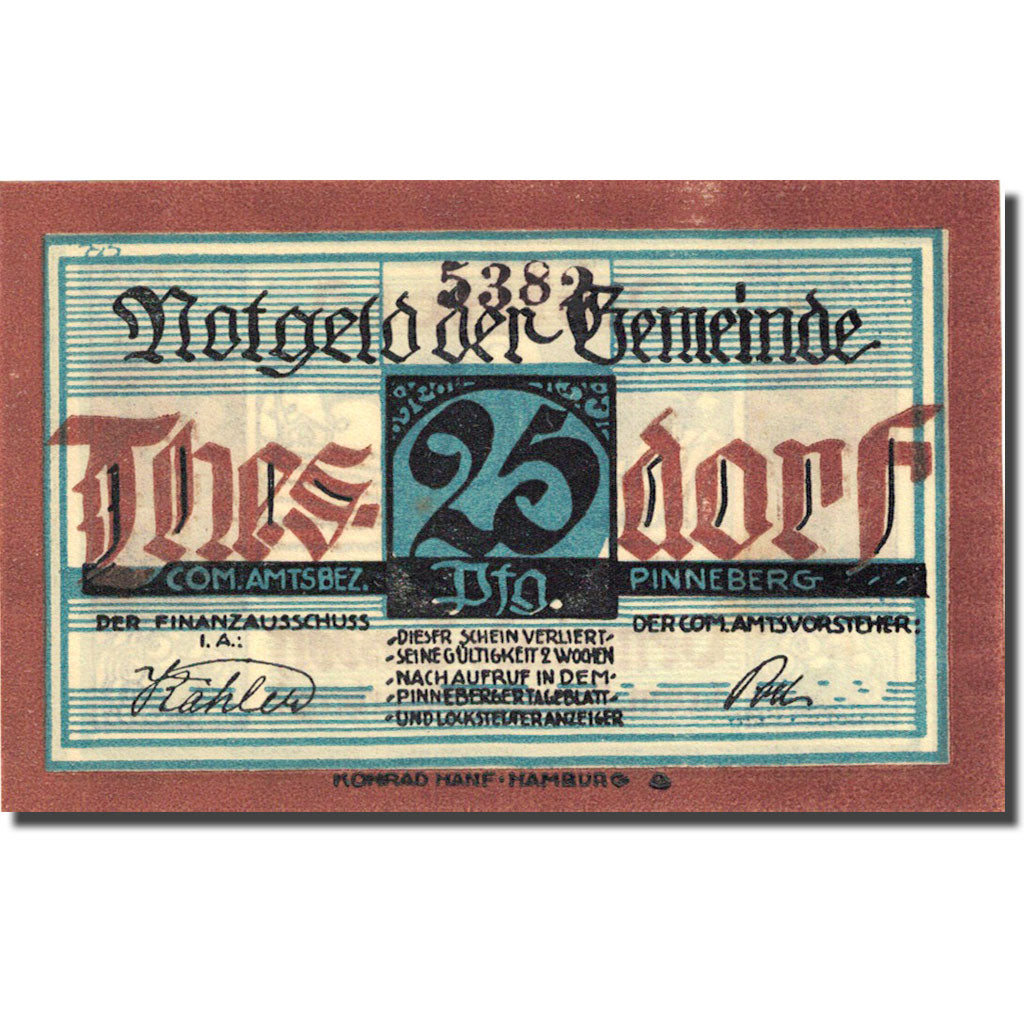 Banknote, Germany, Thesdorf, 25 Pfennig, agriculteur, 1921, UNC(63) Mehl 1321.1a