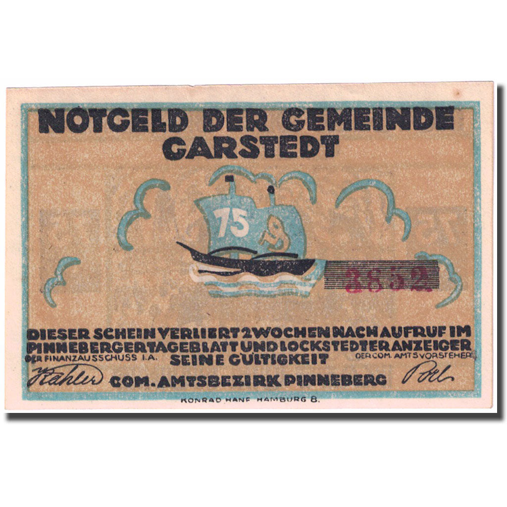 Banconote, Germania, Garstedt, 75 Pfennig, personnage, 1921, SPL, Mehl:408.1a