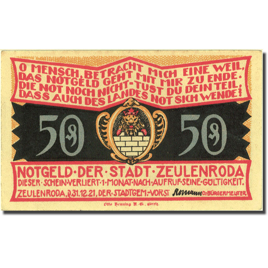 Banknote, Germany, Zeulenroda, 50 Pfennig, arbre, 1921 AU(55-58) Mehl 1470.2