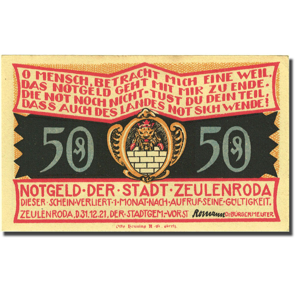 Banknote, Germany, Zeulenroda, 50 Pfennig, monastère 1921 UNC(63) Mehl 1470.2
