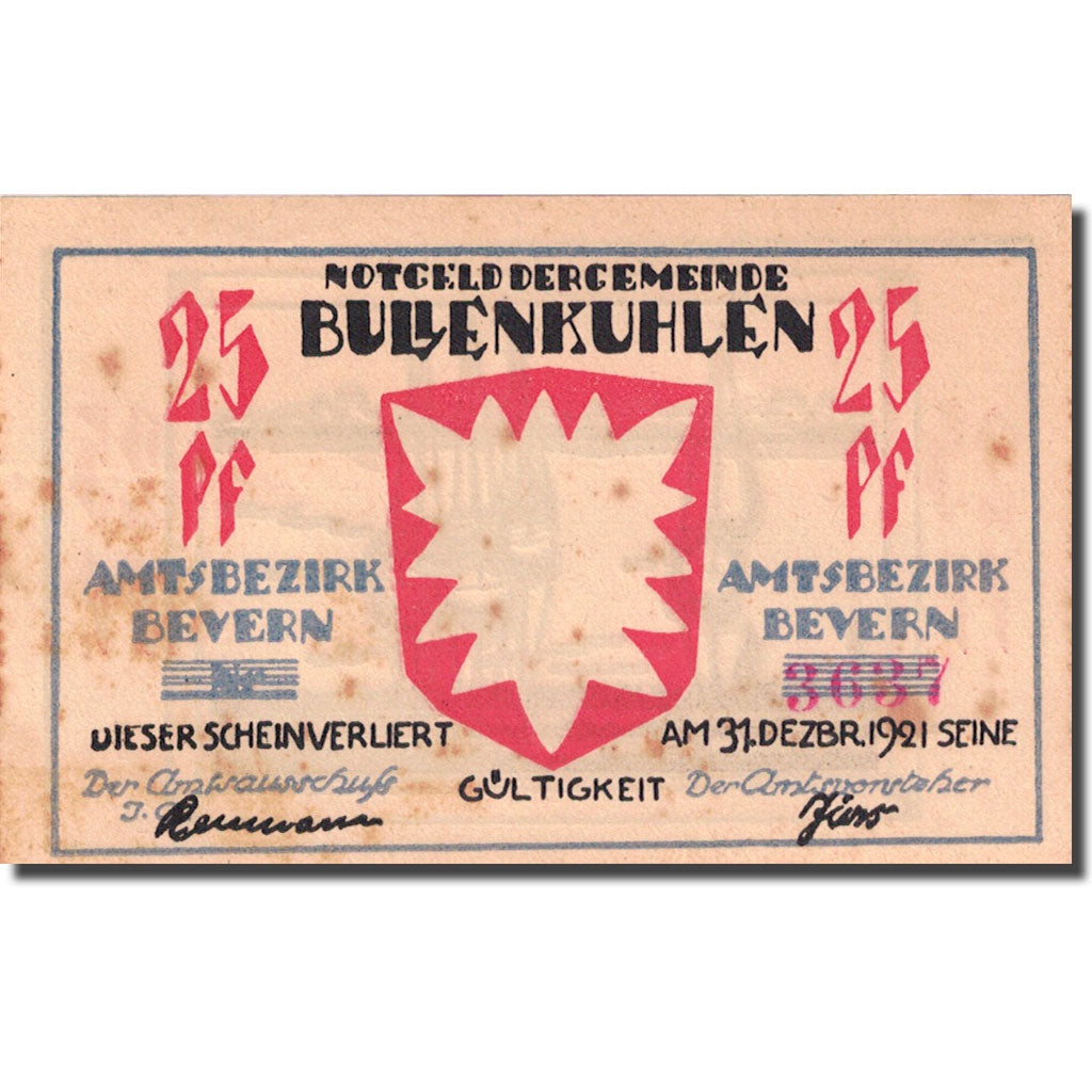 Biljet, Duitsland, Bullenkuhlen, 25 Pfennig, bateau 1, 1921 TTB Mehl 206.2a