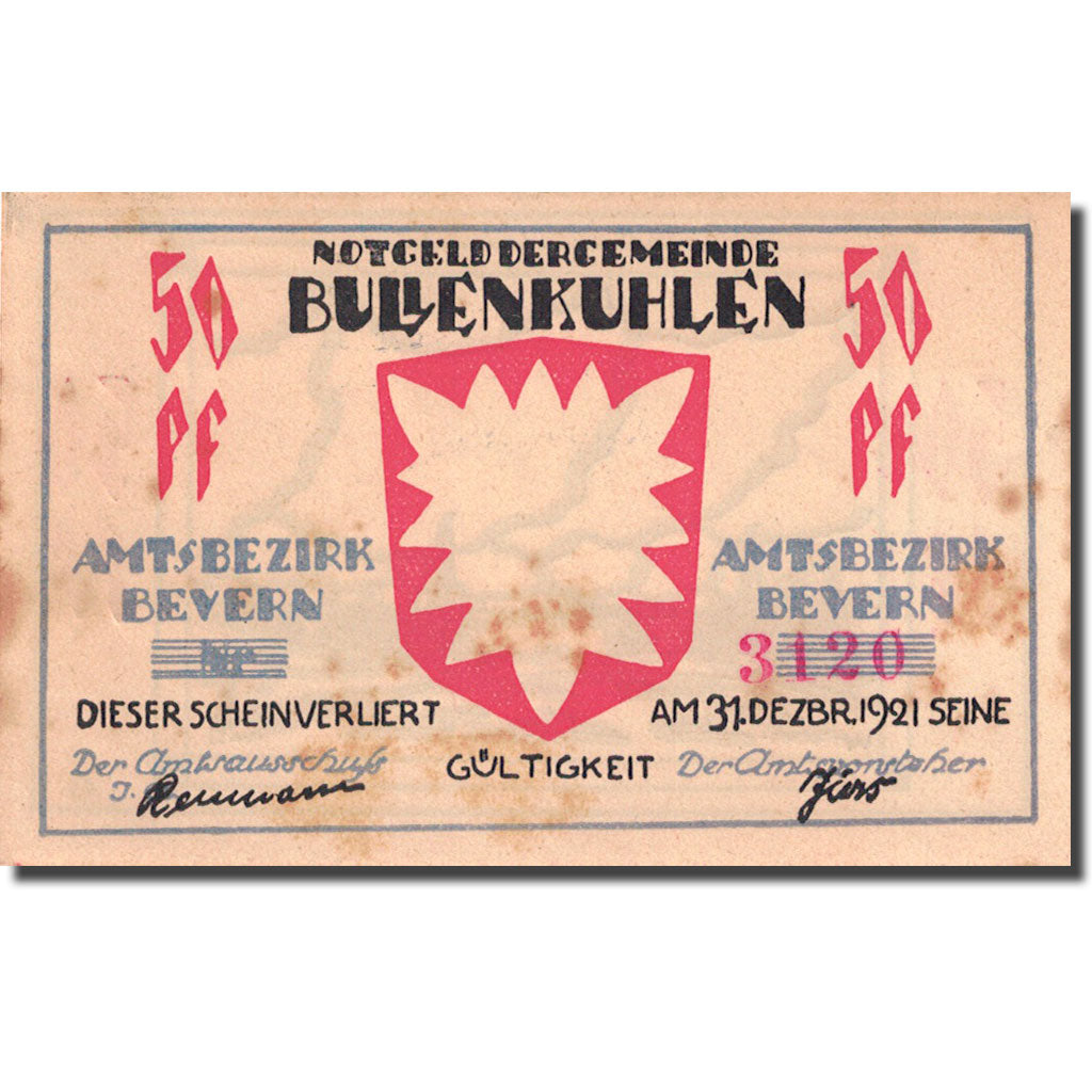 Banknote, Germany, Bullenkuhlen, 50 Pfennig bateau 2, 1921 AU(55-58) Mehl 206.2a