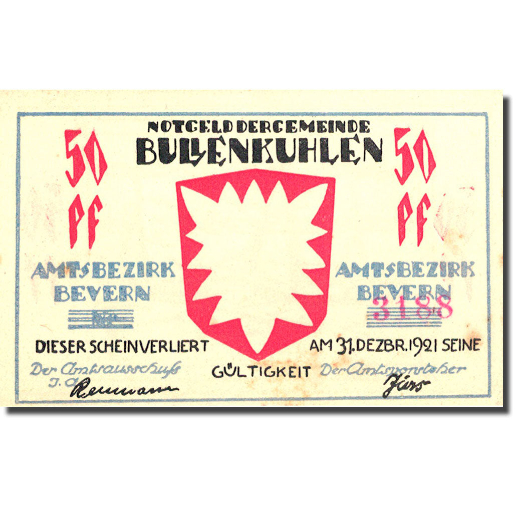 Banknote, Germany, Bullenkuhlen 50 Pfennig Bateau 3, 1921 UNC(60-62) Mehl 206.2a