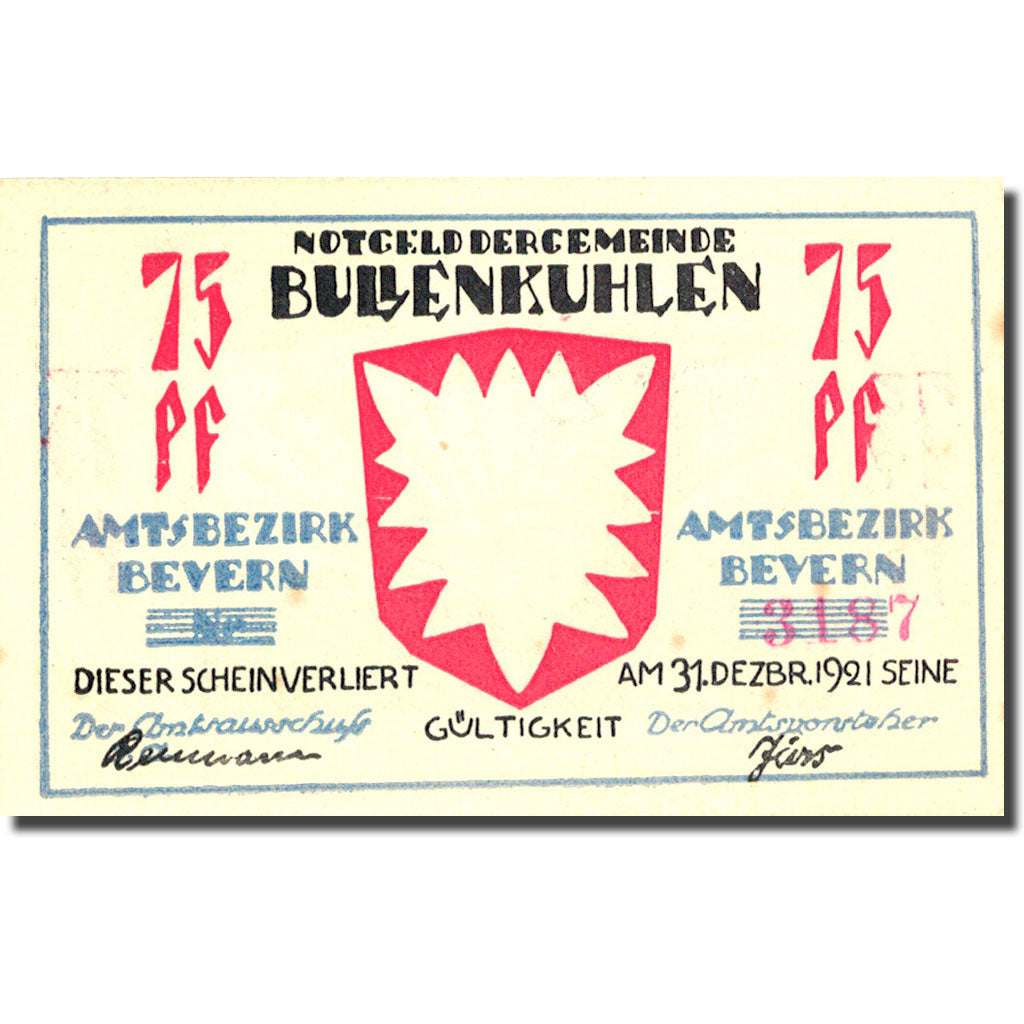 Banknote, Germany, Bullenkuhlen 75 Pfennig, personnage, 1921 UNC(63) Mehl 206.2a