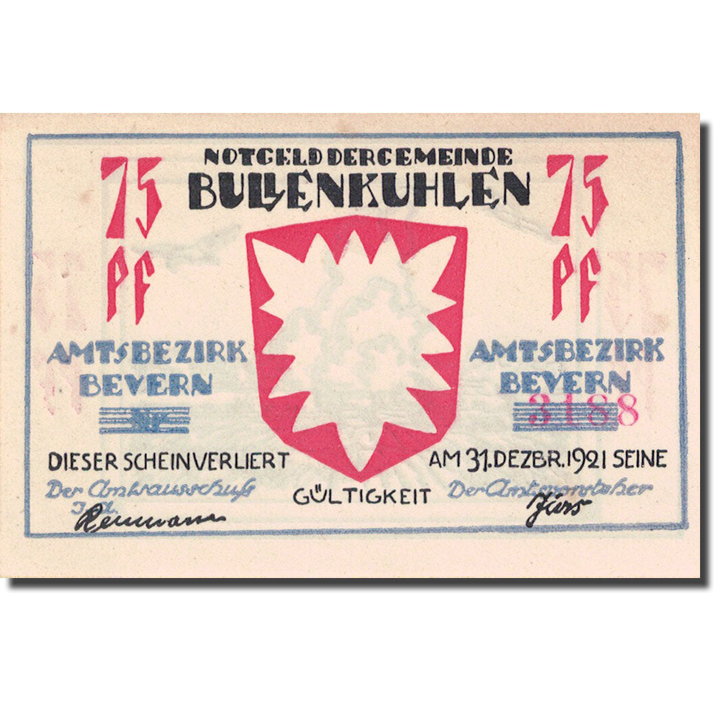 Banknote, Germany Bullenkuhlen 75 Pfennig personnage 1, 1921 UNC(63) Mehl 206.2a