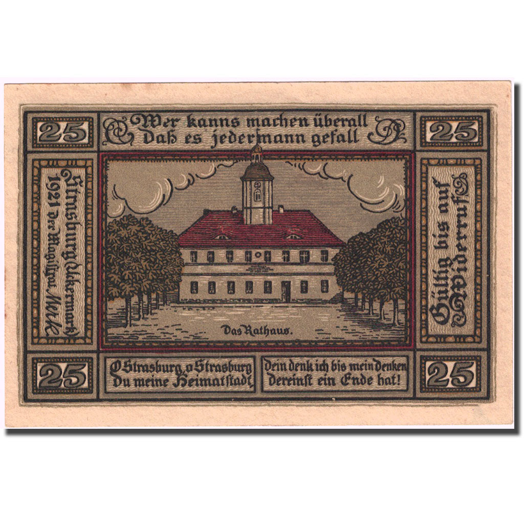 Banknote, Germany, Strasburg, 25 Pfennig, mairie, 1921, UNC(63), Mehl:1280.1b