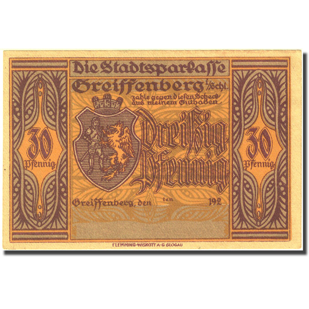Banknote, Germany Greiffenberg 30 Pfennig, personnage, 1920, UNC(63) Mehl 470.3b