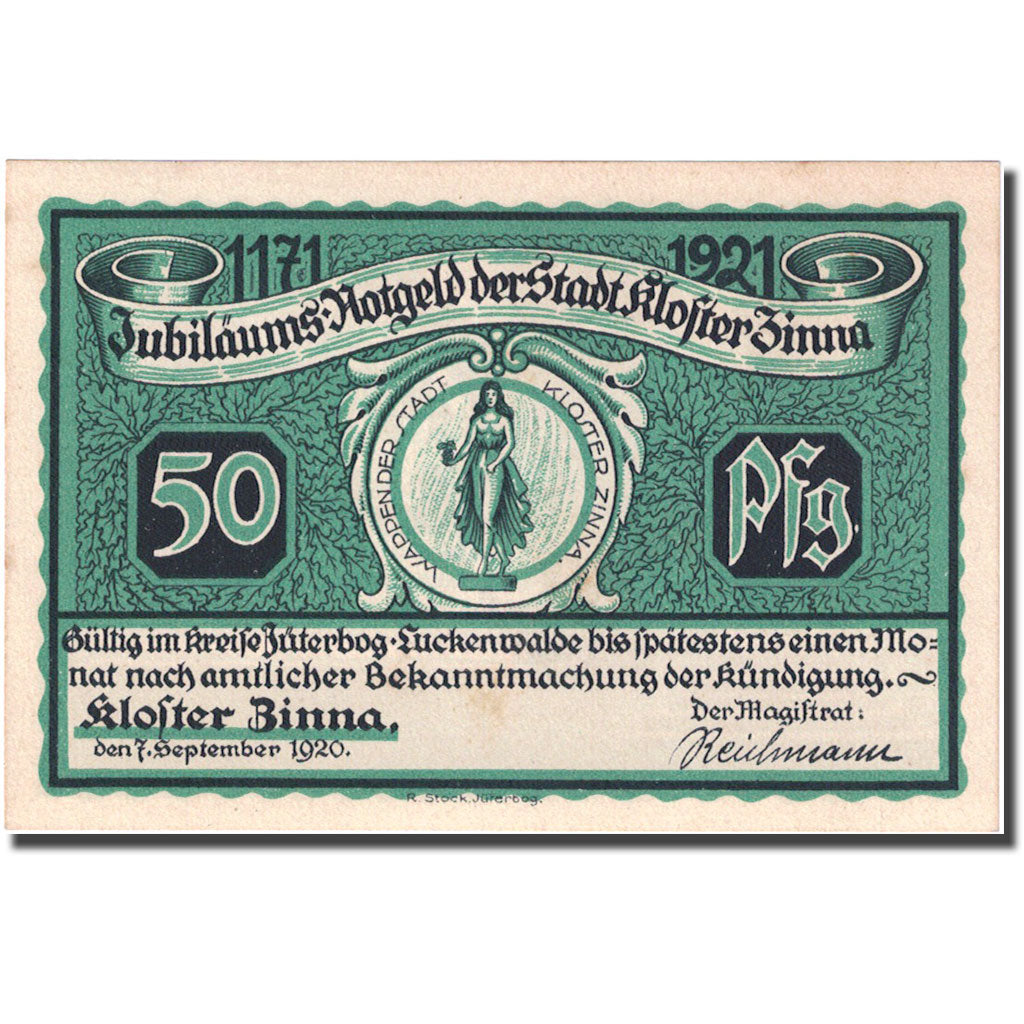 Banknote, Germany, Kloster Zinna, 50 Pfennig Monument 1920 UNC(60-62) Mehl 708.1