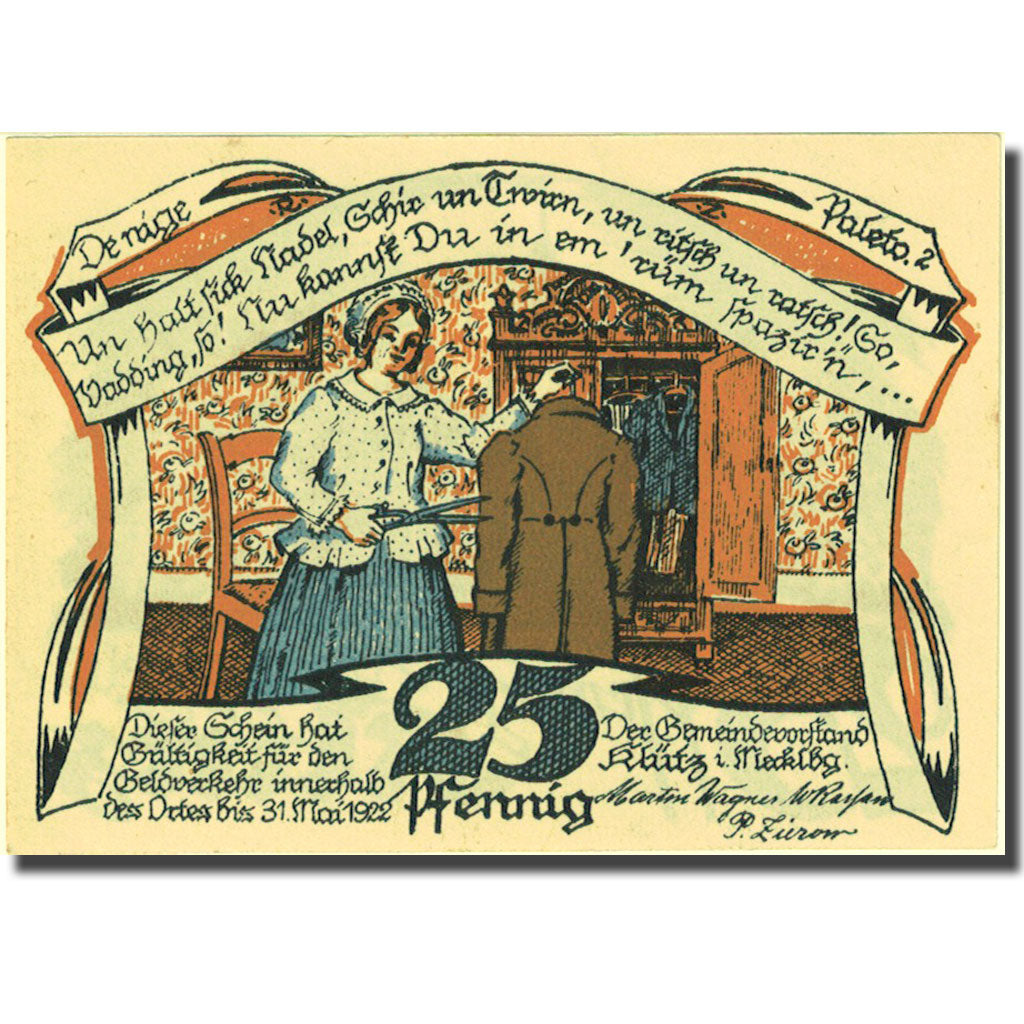 Banknote, Germany, Klütz, 25 Pfennig, personnage 1922-05-31 UNC(63) Mehl 709.1
