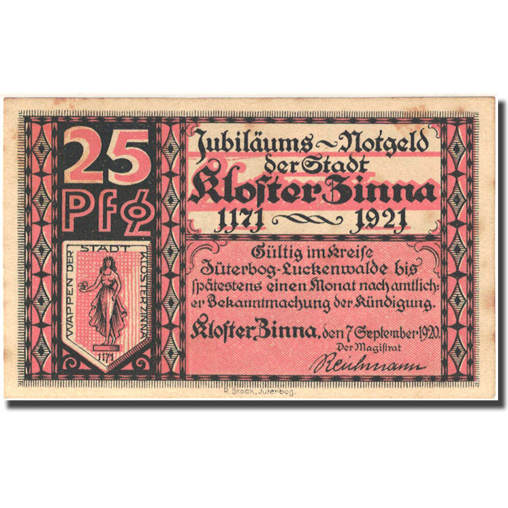 Banknote, Germany, Kloster Zinna, 25 Pfennig, Eglise, 1920 AU(55-58) Mehl 708.1