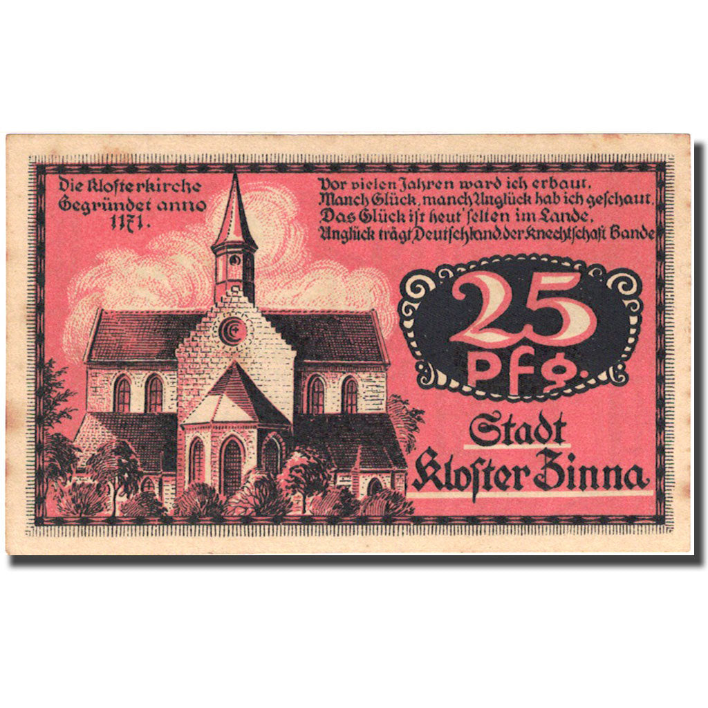 Banknote, Germany, Kloster Zinna, 25 Pfennig, Eglise, 1920 AU(55-58) Mehl 708.1
