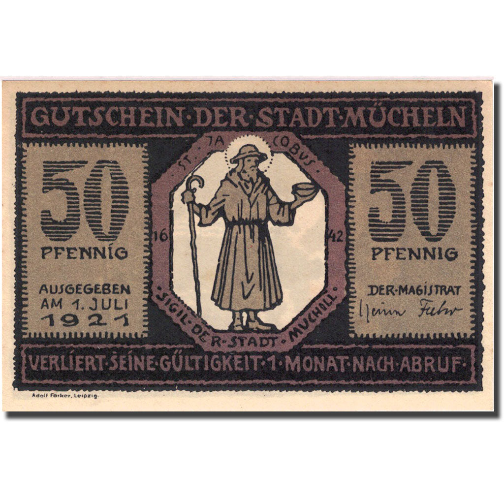 Banknote, Germany, Mücheln, 50 Pfennig, mairie 1921-07-01 UNC(63) Mehl 902.1