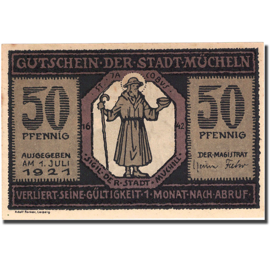 Banknote, Germany, Mücheln, 50 Pfennig, mairie 1, 1921-07-01 UNC(63) Mehl 902.1