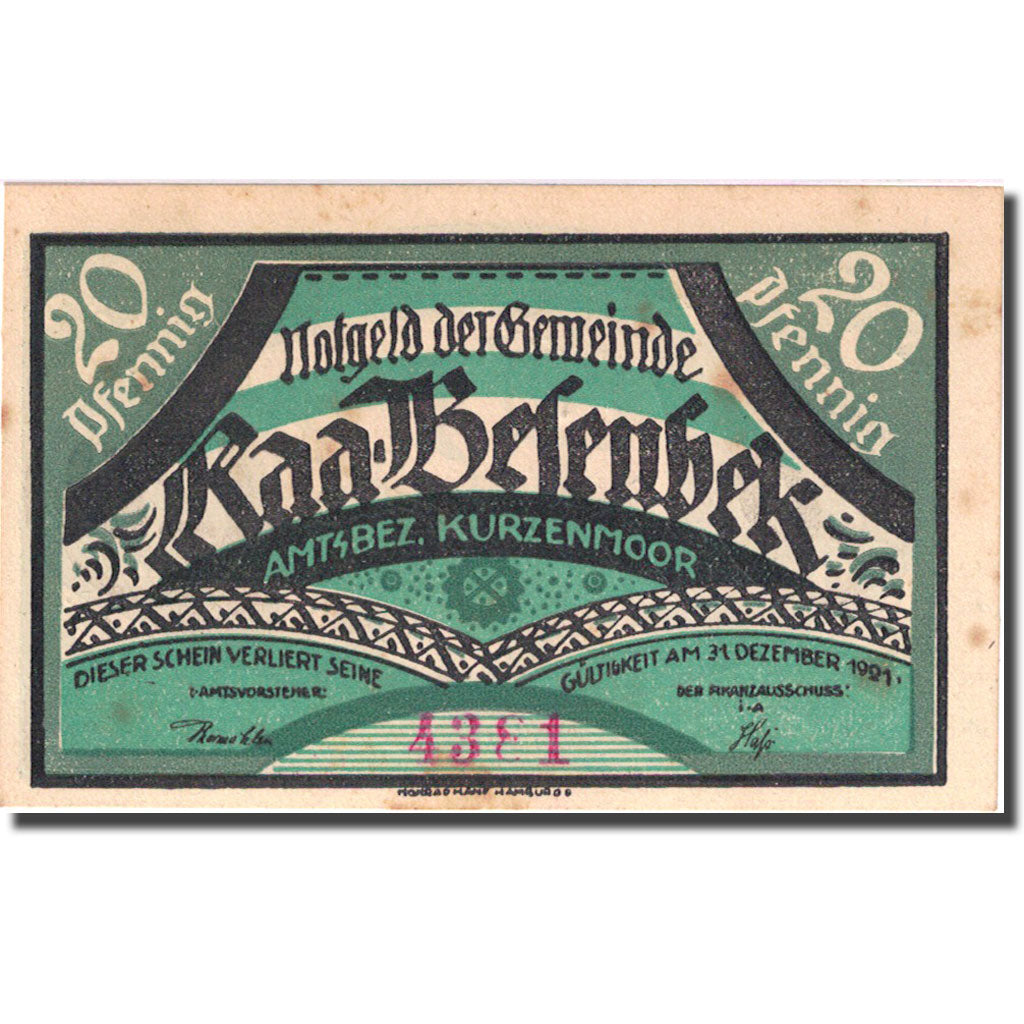 Banknote, Germany, Kurzenmoor, 20 Pfennig, ouvrier, 1921 AU(55-58) Mehl 751.1a