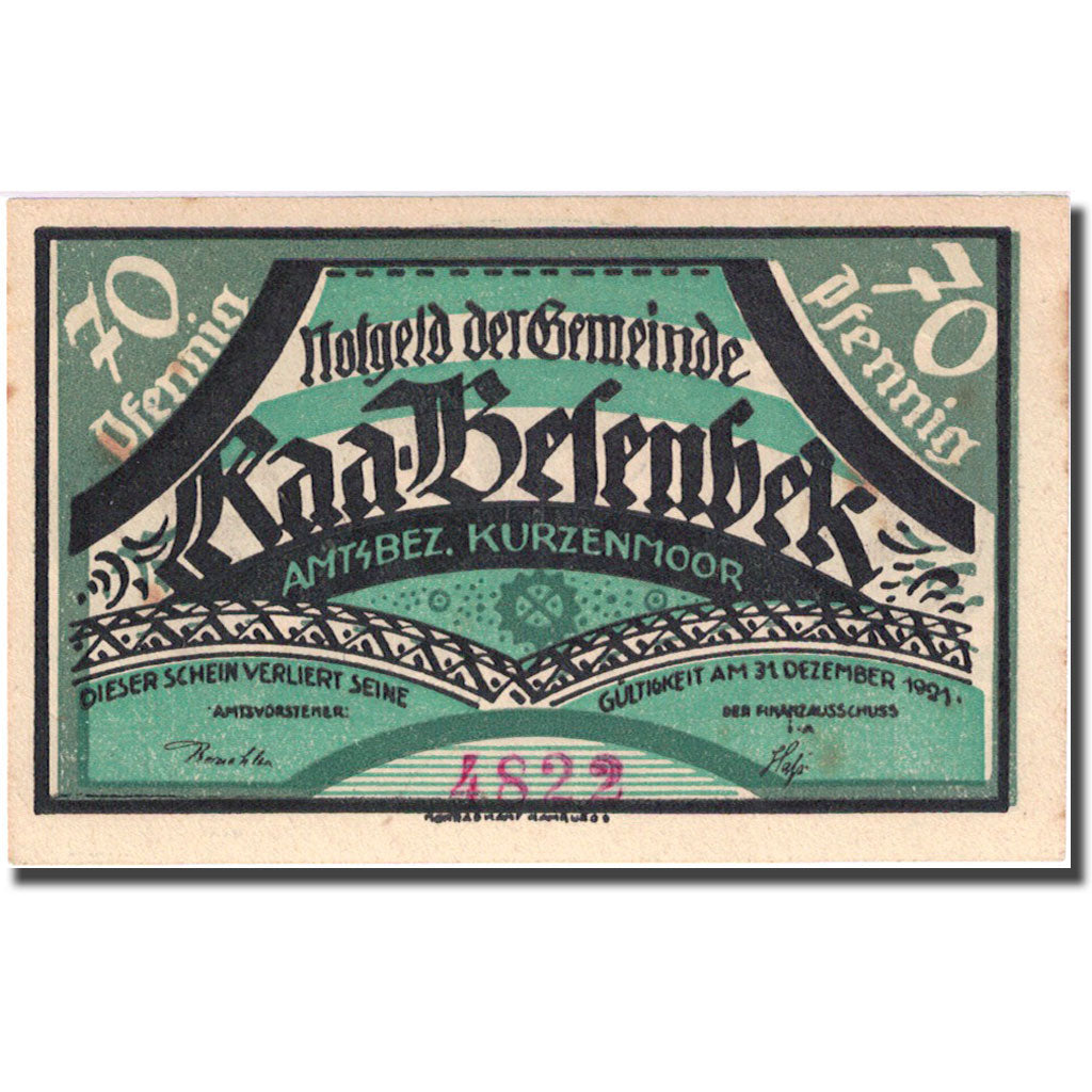 Banknote, Germany, Kurzenmoor, 70 Pfennig, fileur, 1921 UNC(63) Mehl 751.1a