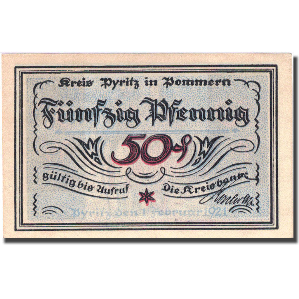 Nota, Alemanha, Pyritz, 50 Pfennig, Agriculteur 1, 1921 UNC(63) Mehl 1082.1a